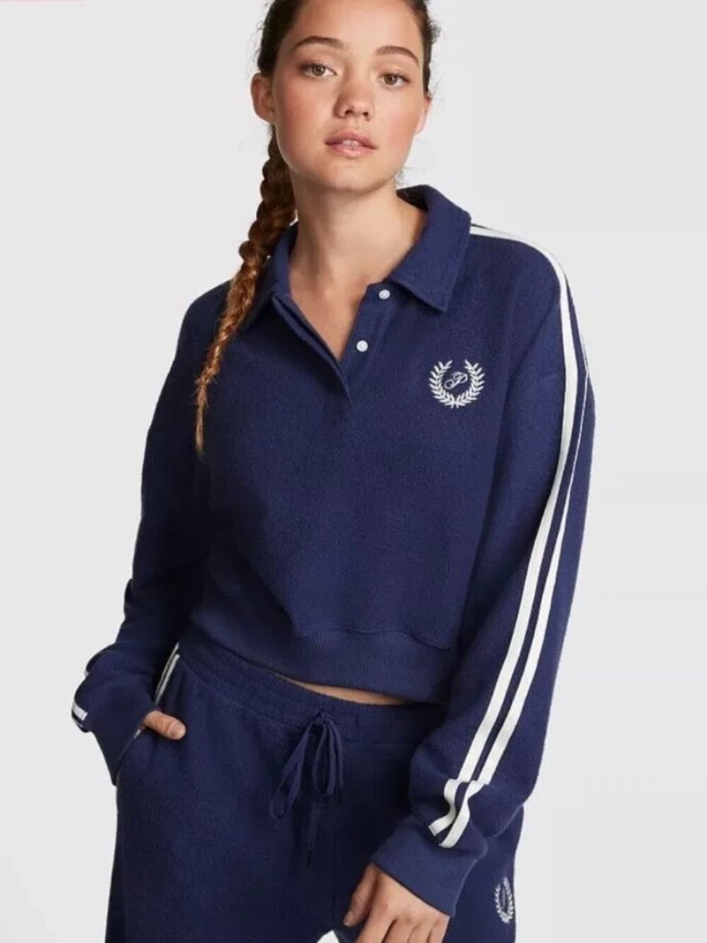 Victorias Secret PINK Reverse Fleece Cropped Polo Sweatshirt Medium Navy
